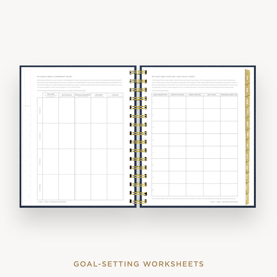 Day Designer 2026 mini daily planner: navy bookcloth cover with goals worksheet