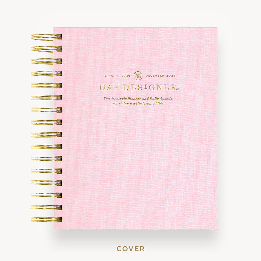 Day Designer 2026 mini daily planner: peony bookcloth hard cover, gold wire binding