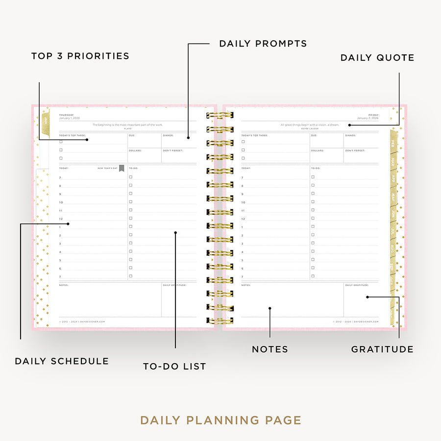 Day Designer 2026 mini daily planner: peony bookcloth opened with captions of contents