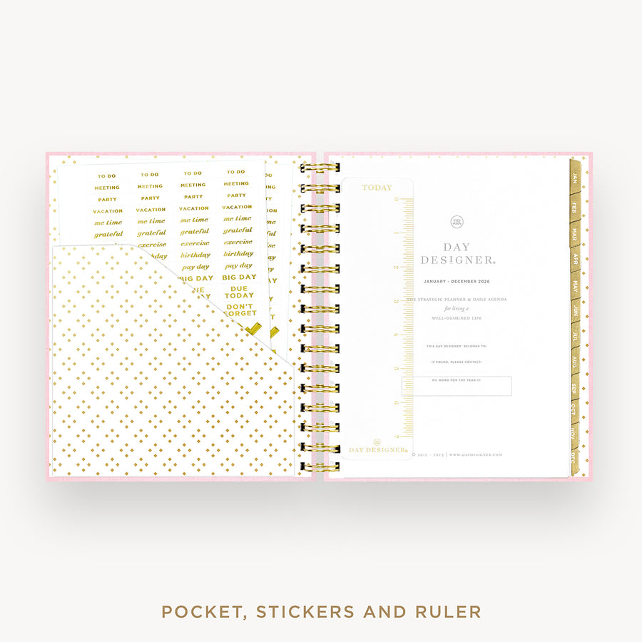 Day Designer 2026 mini daily planner: peony bookcloth cover with pocket and gold stickers