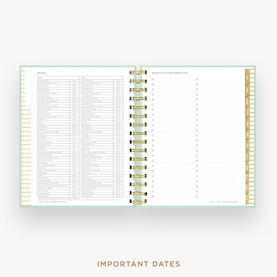 Day Designer 2026 mini daily planner: sage bookcloth cover with holidays page