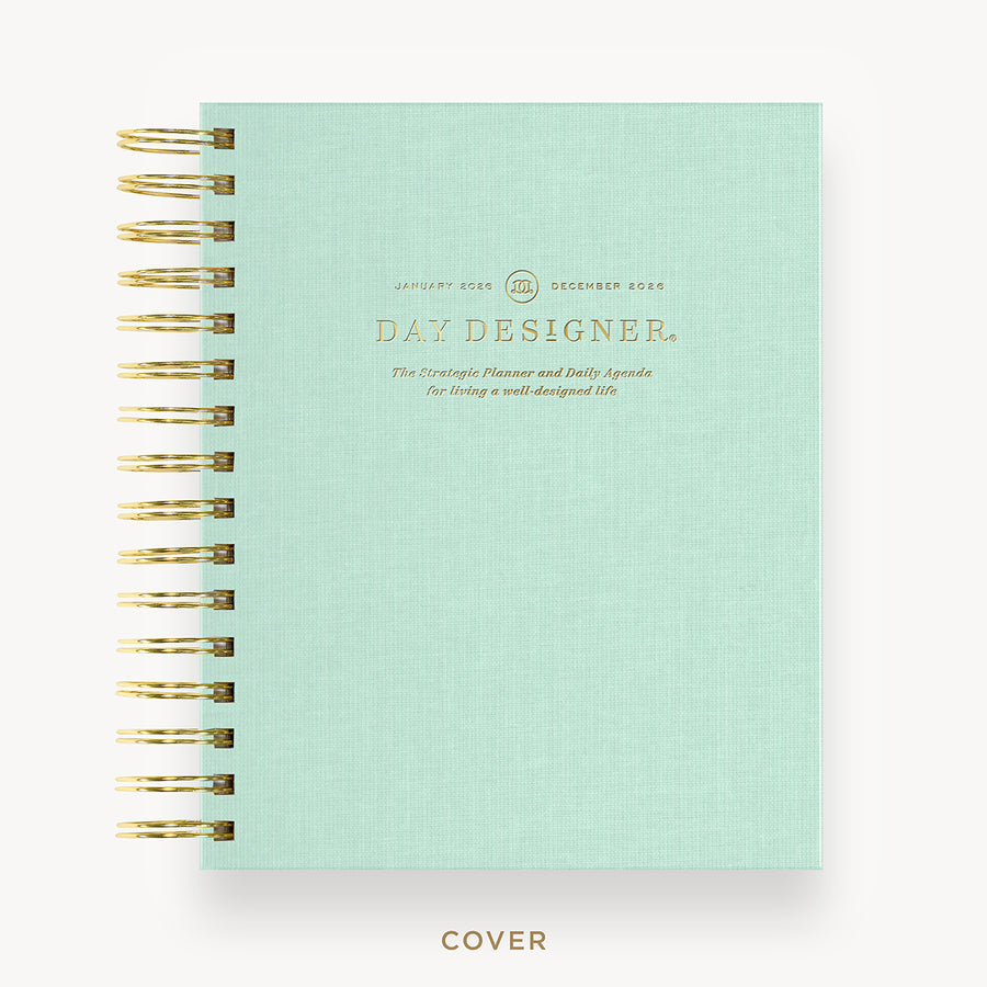 Day Designer 2026 mini daily planner: sage bookcloth hard cover, gold wire binding