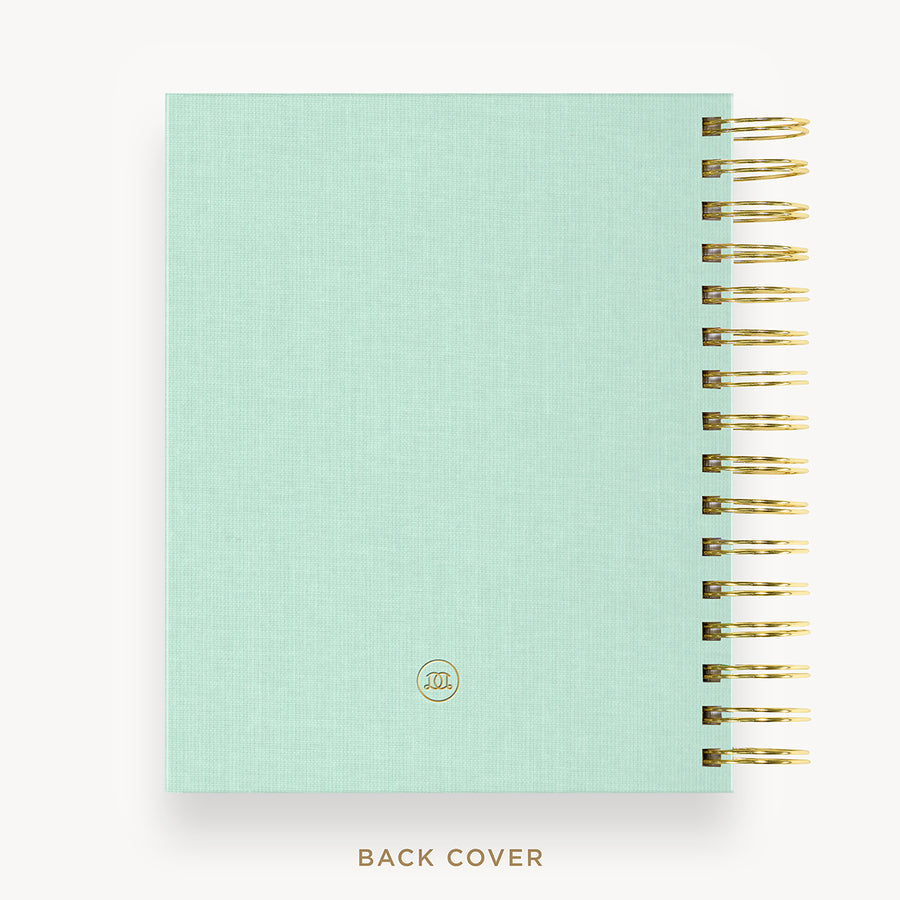 Day Designer 2026 mini daily planner: sage bookcloth cover with back cover with gold detail
