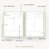 Day Designer 2026 mini daily planner: sage bookcloth opened with captions of contents