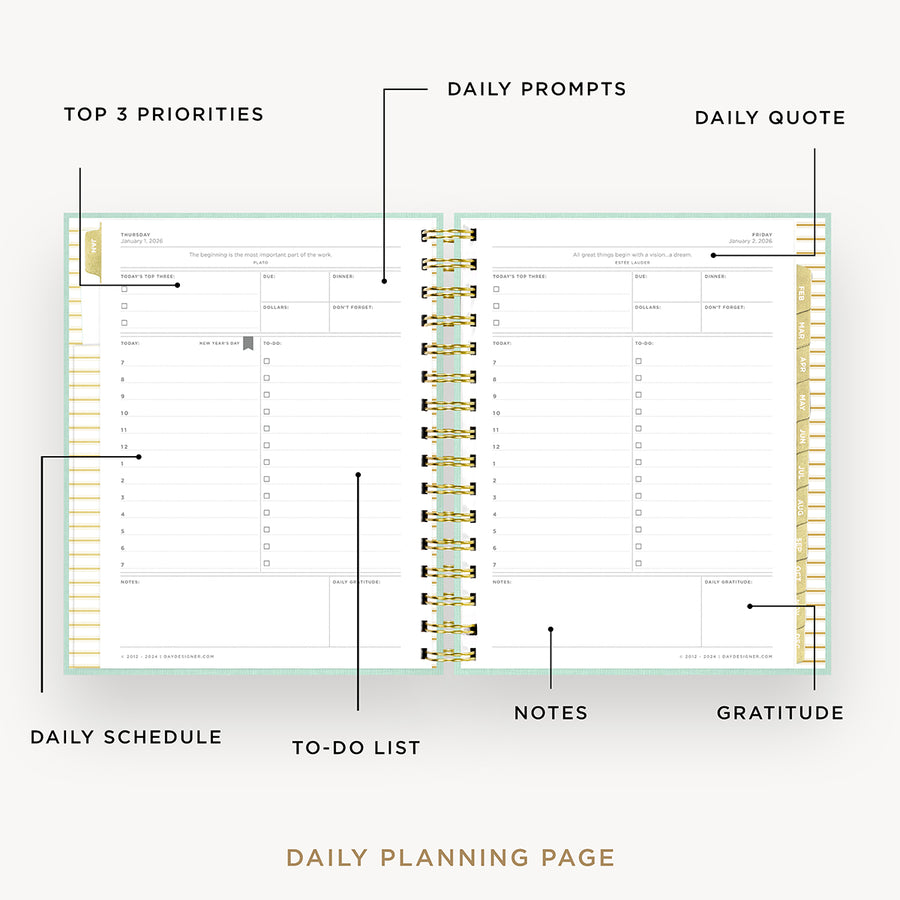 Day Designer 2026 mini daily planner: sage bookcloth opened with captions of contents