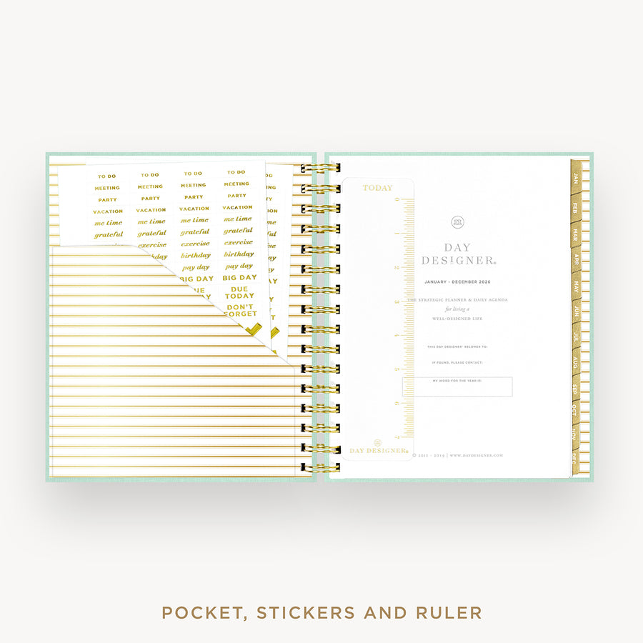 Day Designer 2026 mini daily planner: sage bookcloth cover with pocket and gold stickers