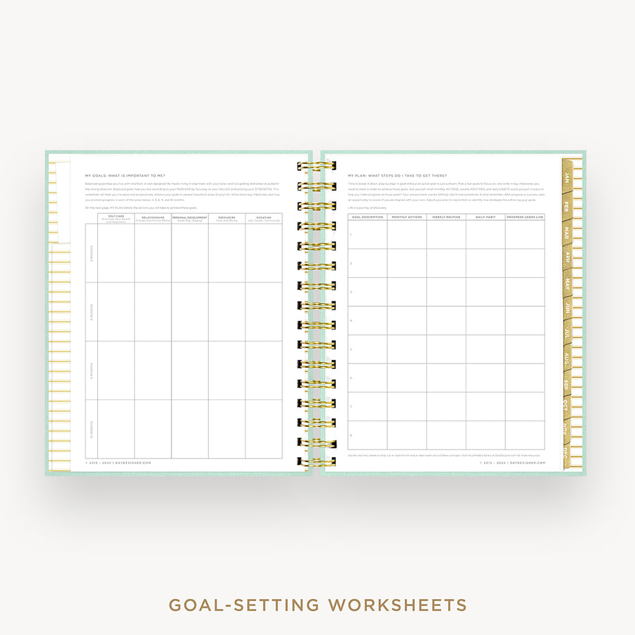 Day Designer 2026 mini daily planner: sage bookcloth cover with goals worksheet