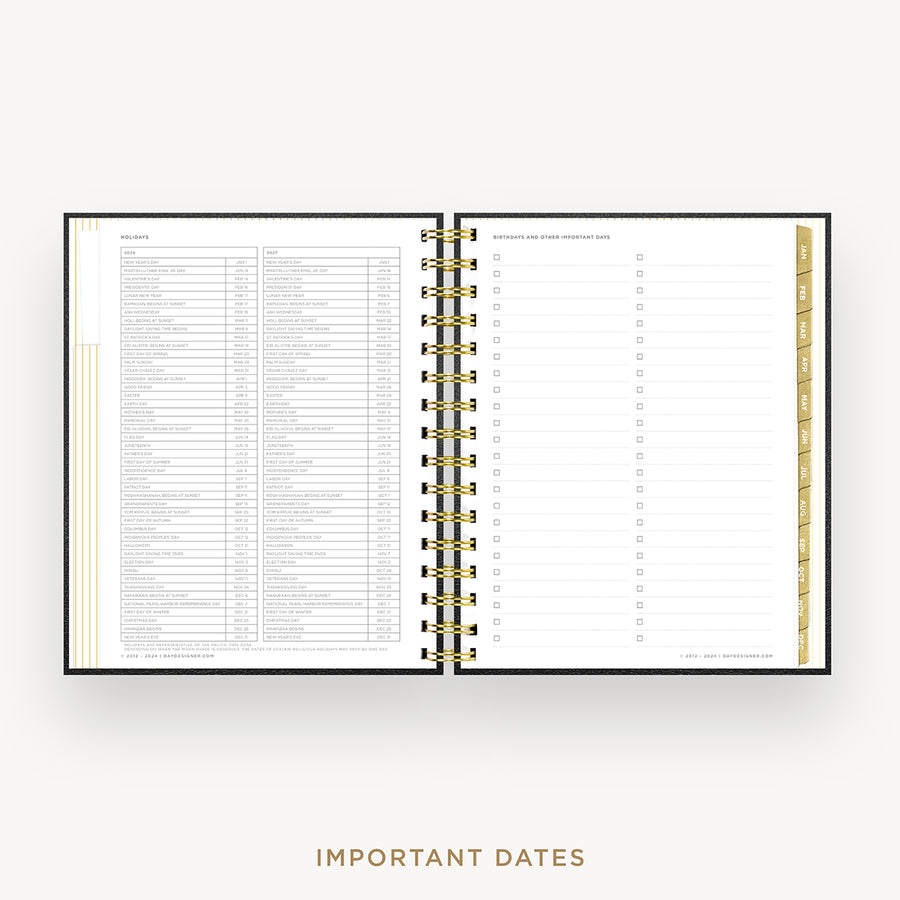 Day Designer 2026 mini daily planner: classic black pebble texture cover with holidays page
