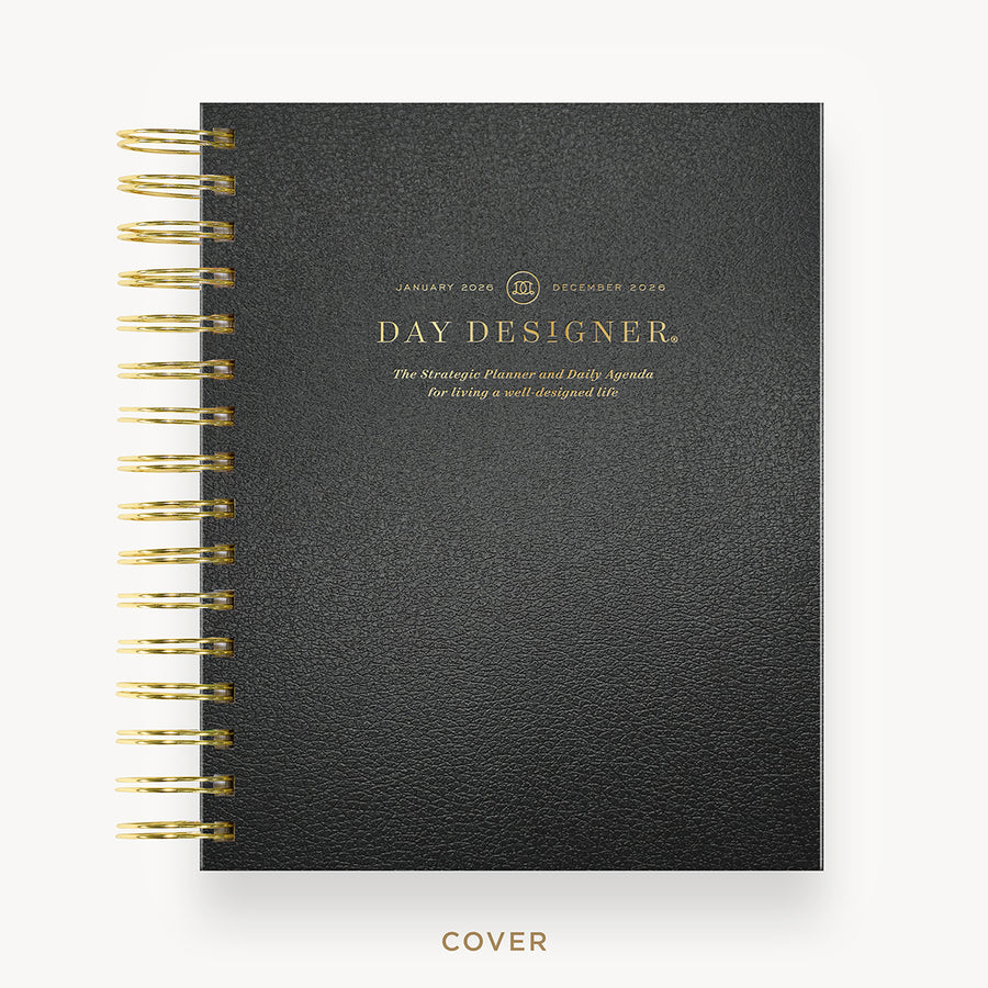 Day Designer 2026 mini daily planner: classic black pebble texture hard cover, gold wire binding