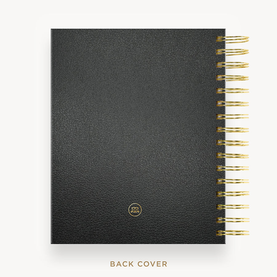 Day Designer 2026 mini daily planner: classic black pebble texture cover with back cover with gold detail