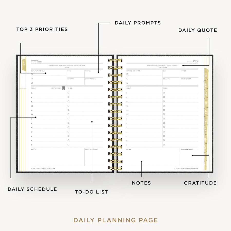 Day Designer 2026 mini daily planner: classic black pebble texture opened with captions of contents
