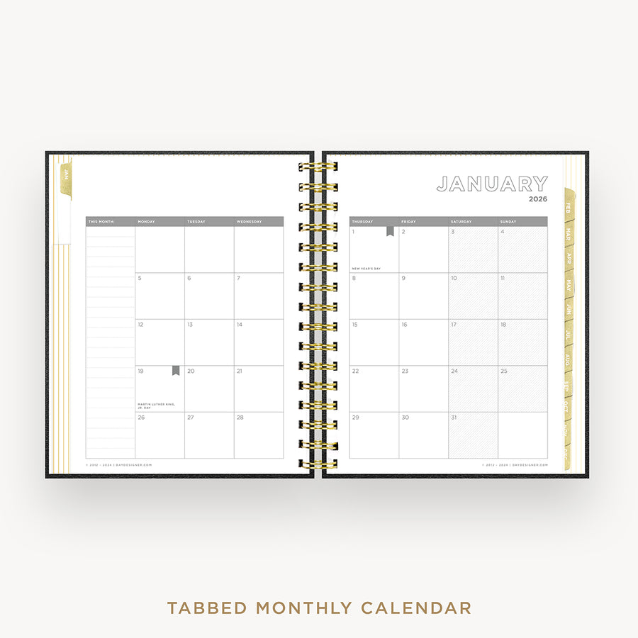 Day Designer 2026 mini daily planner: classic black pebble texture cover with monthly calendar