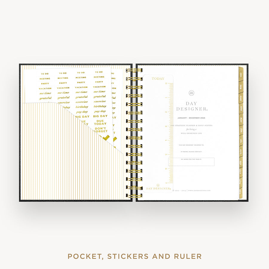 Day Designer 2026 mini daily planner: classic black pebble texture cover with pocket and gold stickers