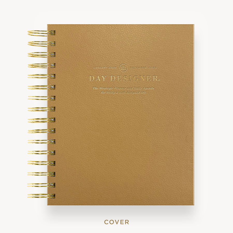 Day Designer 2026 mini daily planner: caramel latte pebble texture hard cover, gold wire binding