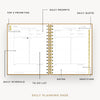 Day Designer 2026 mini daily planner: caramel latte pebble texture opened with captions of contents