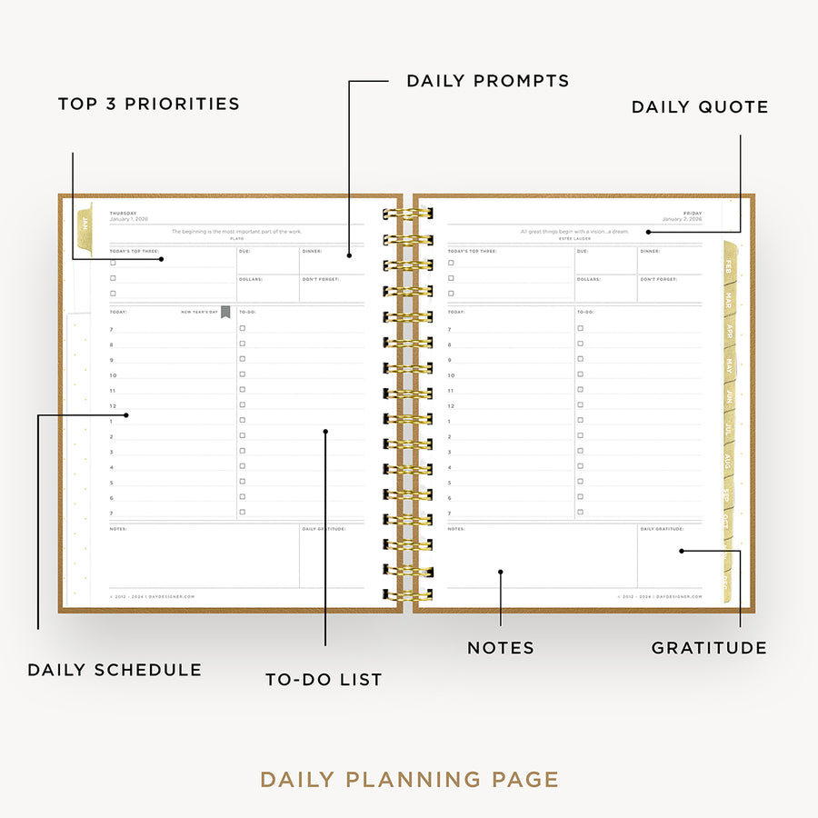 Day Designer 2026 mini daily planner: caramel latte pebble texture opened with captions of contents