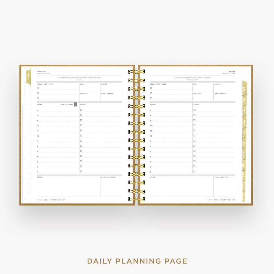 Day Designer 2026 mini daily planner: caramel latte pebble texture cover with daily planning page