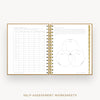 Day Designer 2026 mini daily planner: caramel latte pebble texture cover with self assessment worksheet
