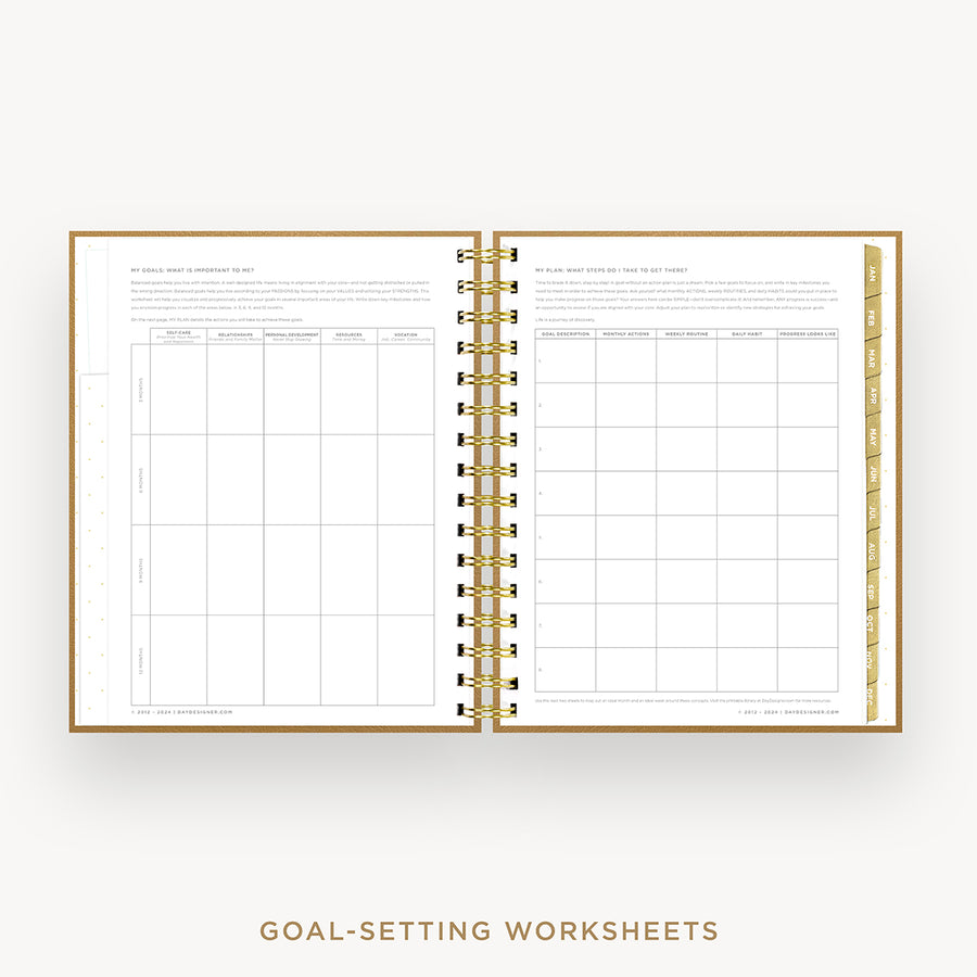Day Designer 2026 mini daily planner: caramel latte pebble texture cover with goals worksheet