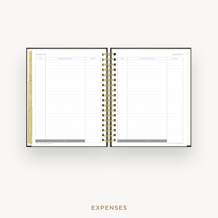 Day Designer 2026 weekly planner: classic black pebble texture cover with expense tracking pages