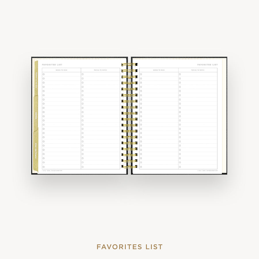 Day Designer 2026 weekly planner: classic black pebble texture cover with favorite books and movies pages