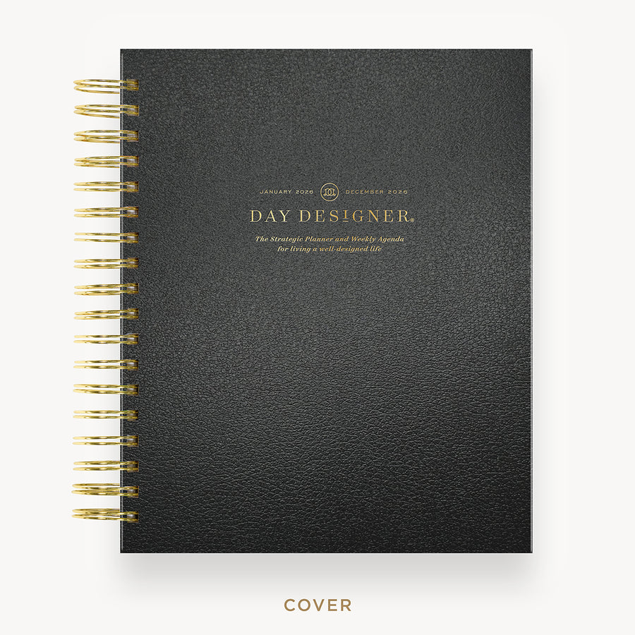 Day Designer 2026 weekly planner: classic black pebble texture hard cover, gold wire binding