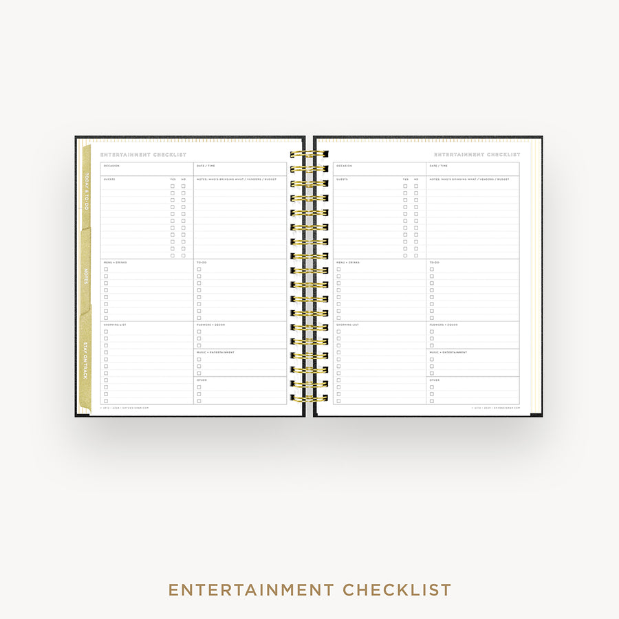 Day Designer 2026 weekly planner: classic black pebble texture cover with entertainment party planner