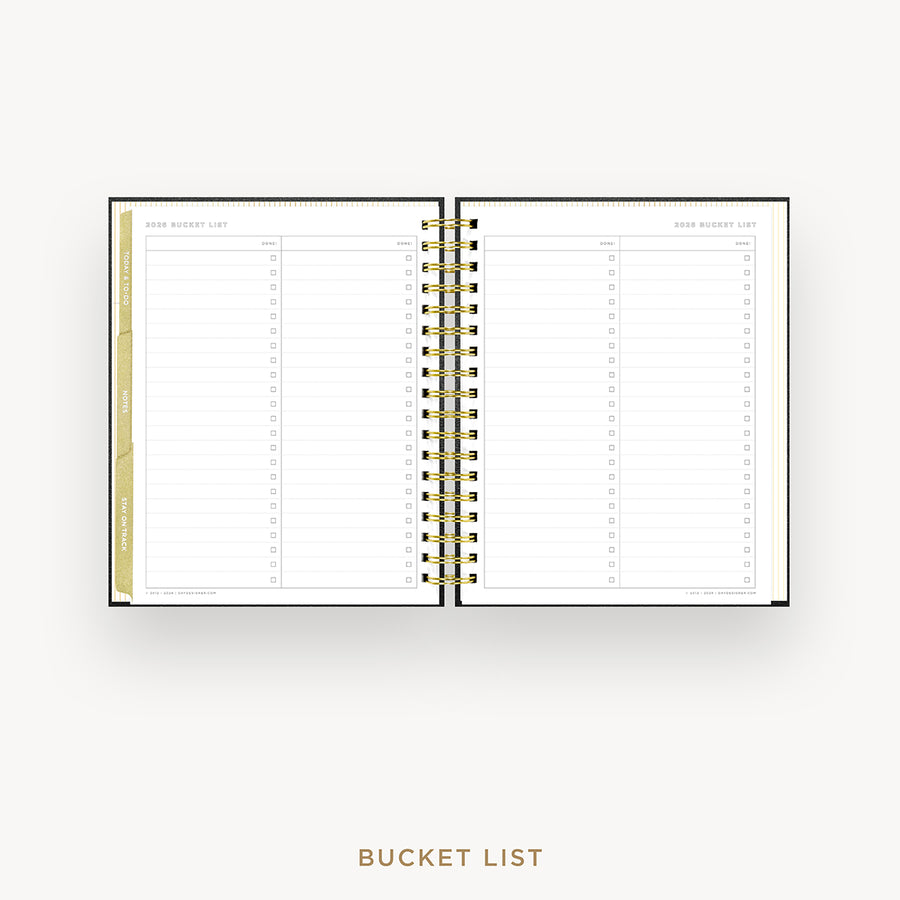 Day Designer 2026 weekly planner: classic black pebble texture cover with bucket list