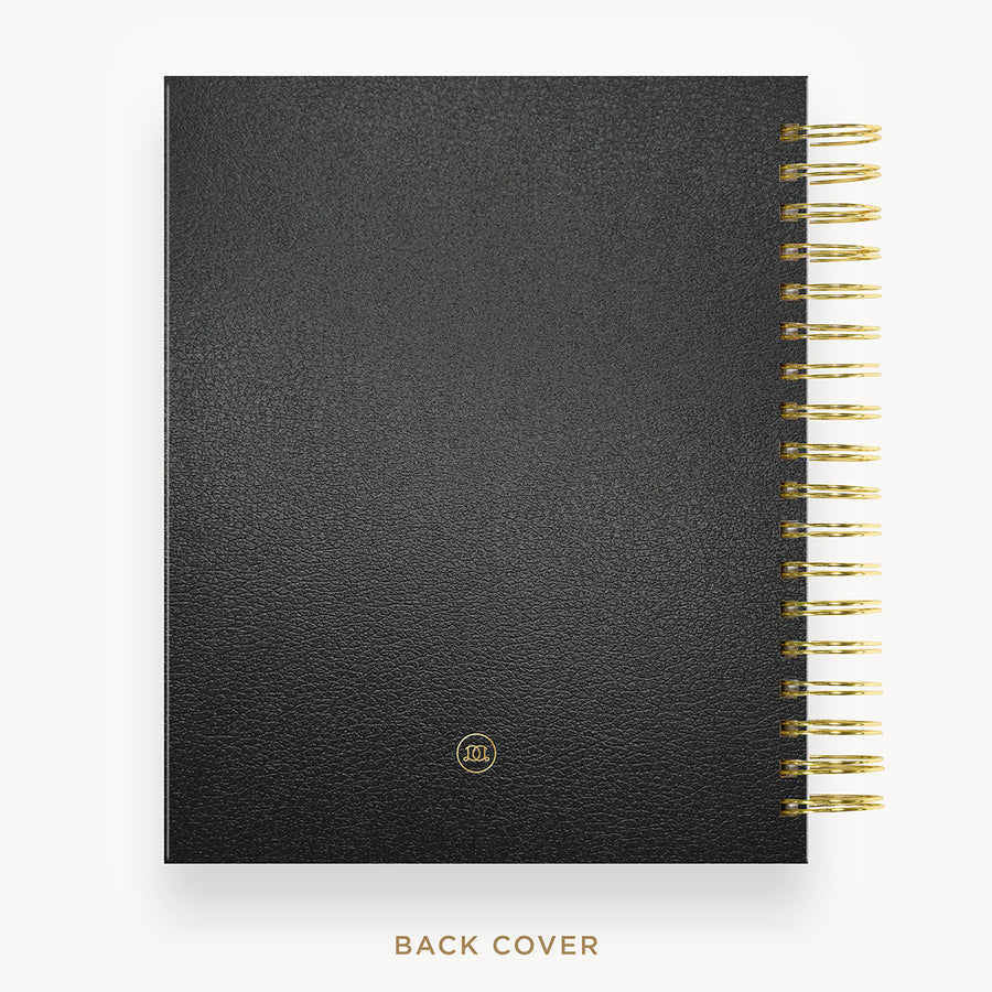 Day Designer 2026 weekly planner: classic black pebble texture cover with back cover with gold detail