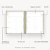 Day Designer 2026 weekly planner: classic black pebble texture opened with captions of contents