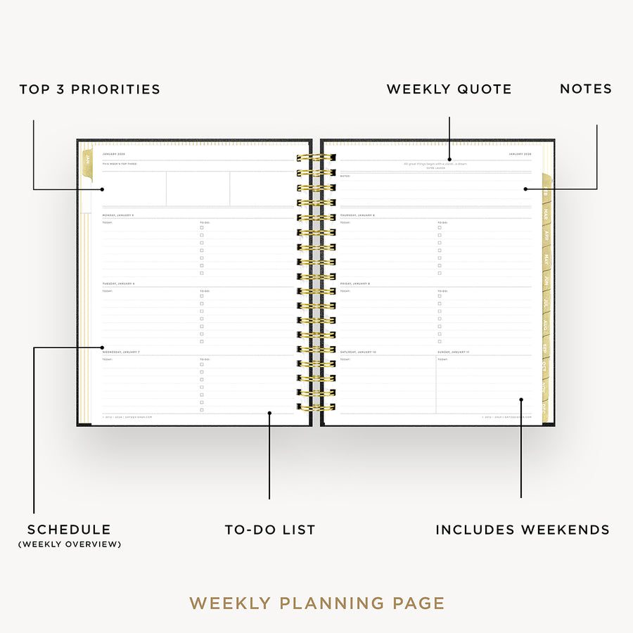 Day Designer 2026 weekly planner: classic black pebble texture opened with captions of contents