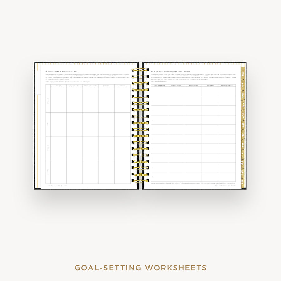 Day Designer 2026 weekly planner: classic black pebble texture cover with goals worksheet