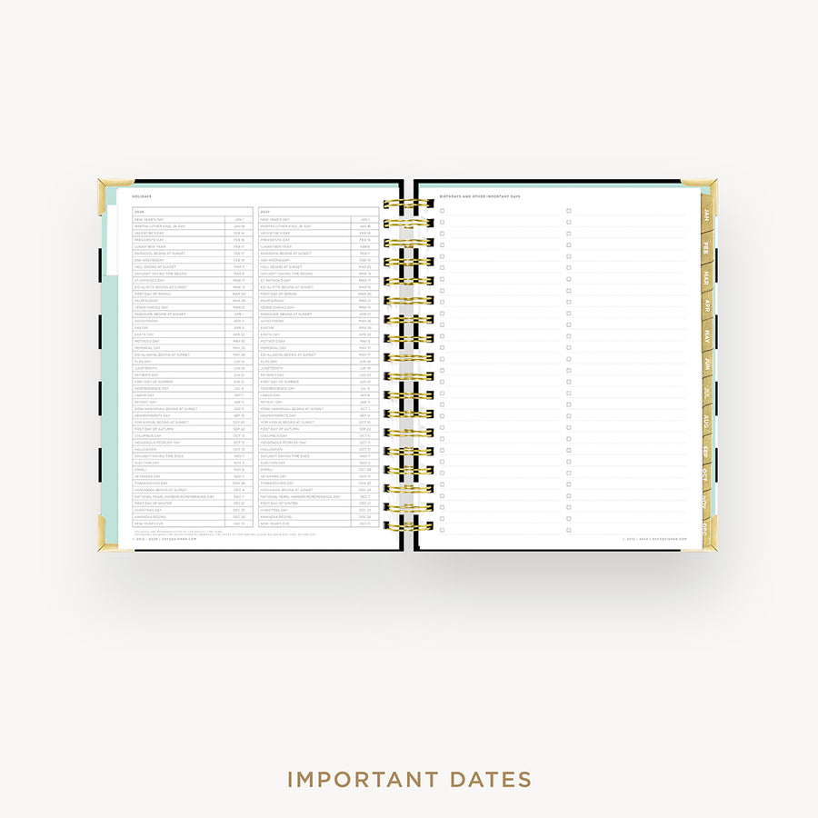 Day Designer 2026 weekly planner: black stripe cover with holidays page