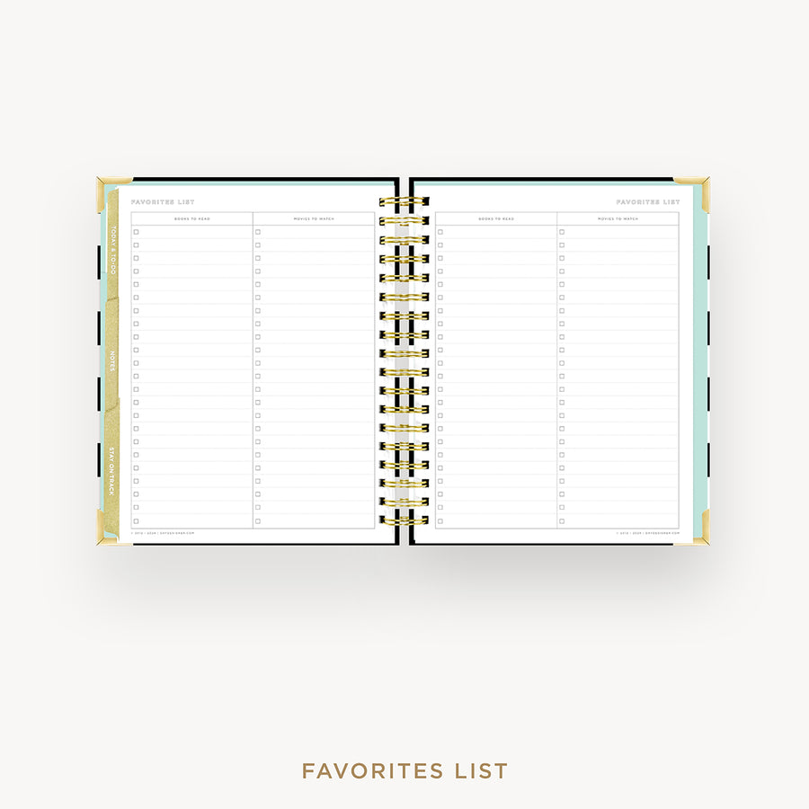 Day Designer 2026 weekly planner: black stripe cover with favorite books and movies pages