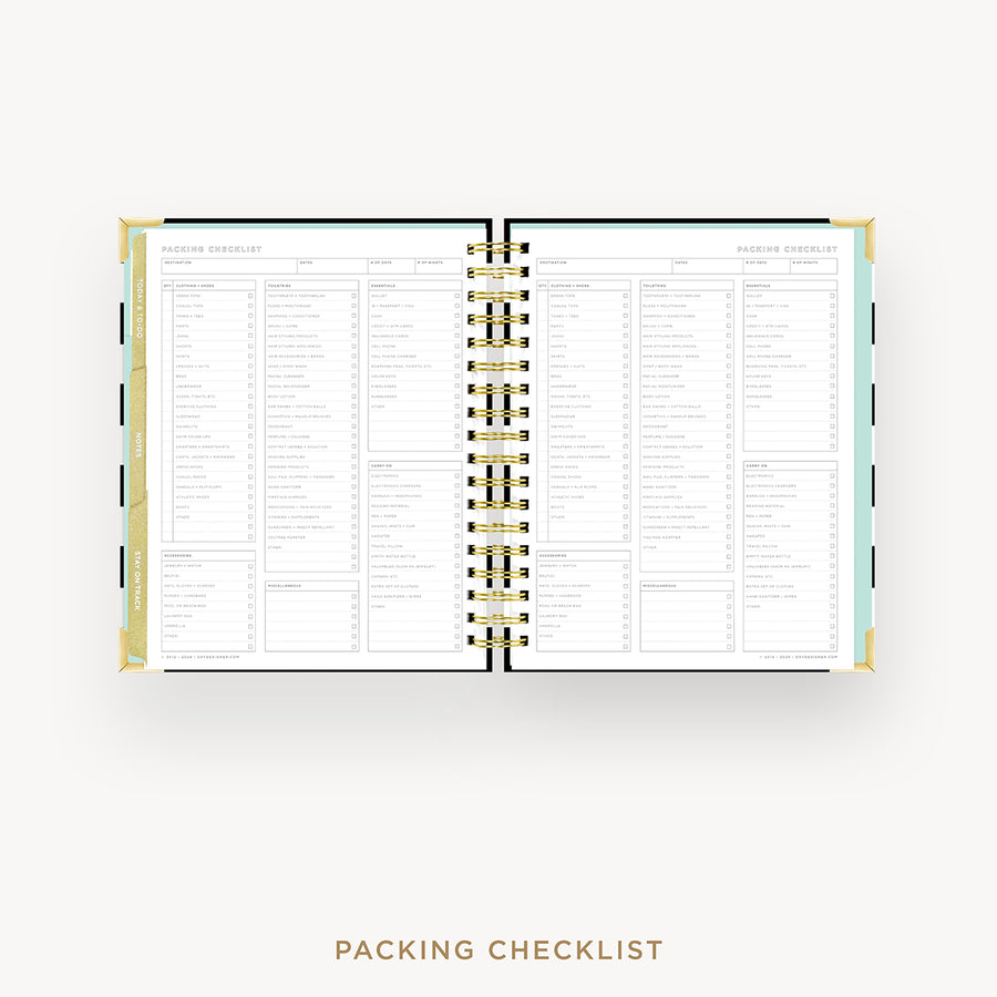 Day Designer 2026 weekly planner: black stripe cover with packing checklist