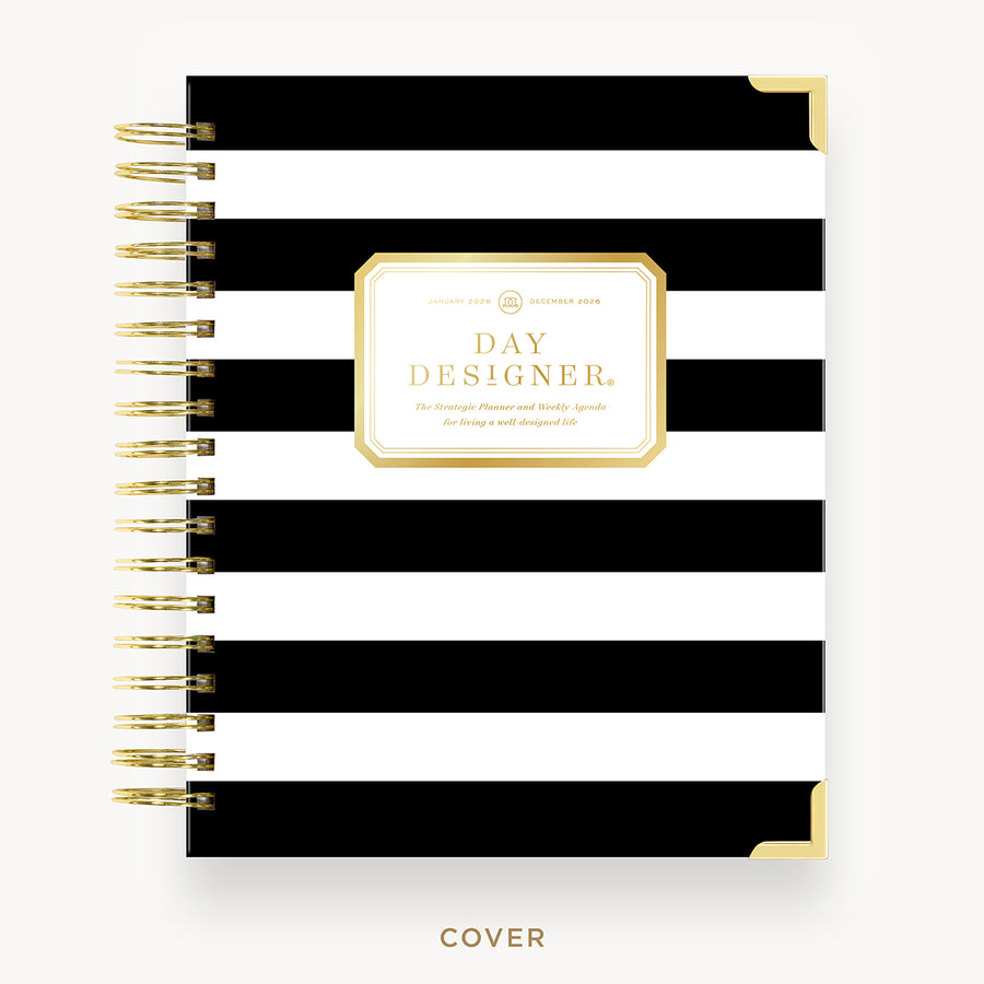 Day Designer 2026 weekly planner: black stripe hard cover, gold wire binding