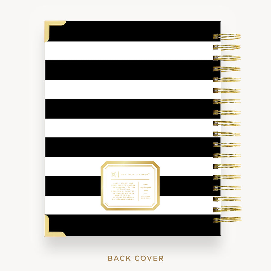 Day Designer 2026 weekly planner: black stripe cover with back cover with gold detail