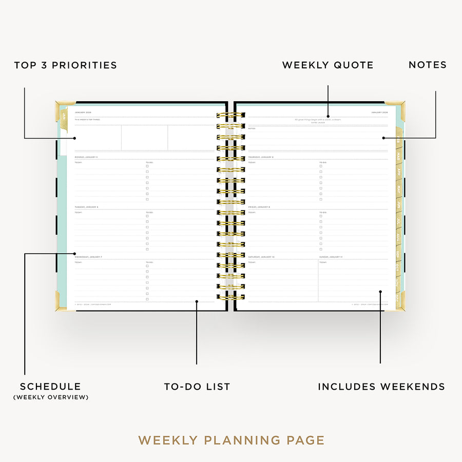 Day Designer 2026 weekly planner: black stripe opened with captions of contents