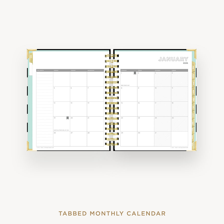 Day Designer 2026 weekly planner: black stripe cover with monthly calendar