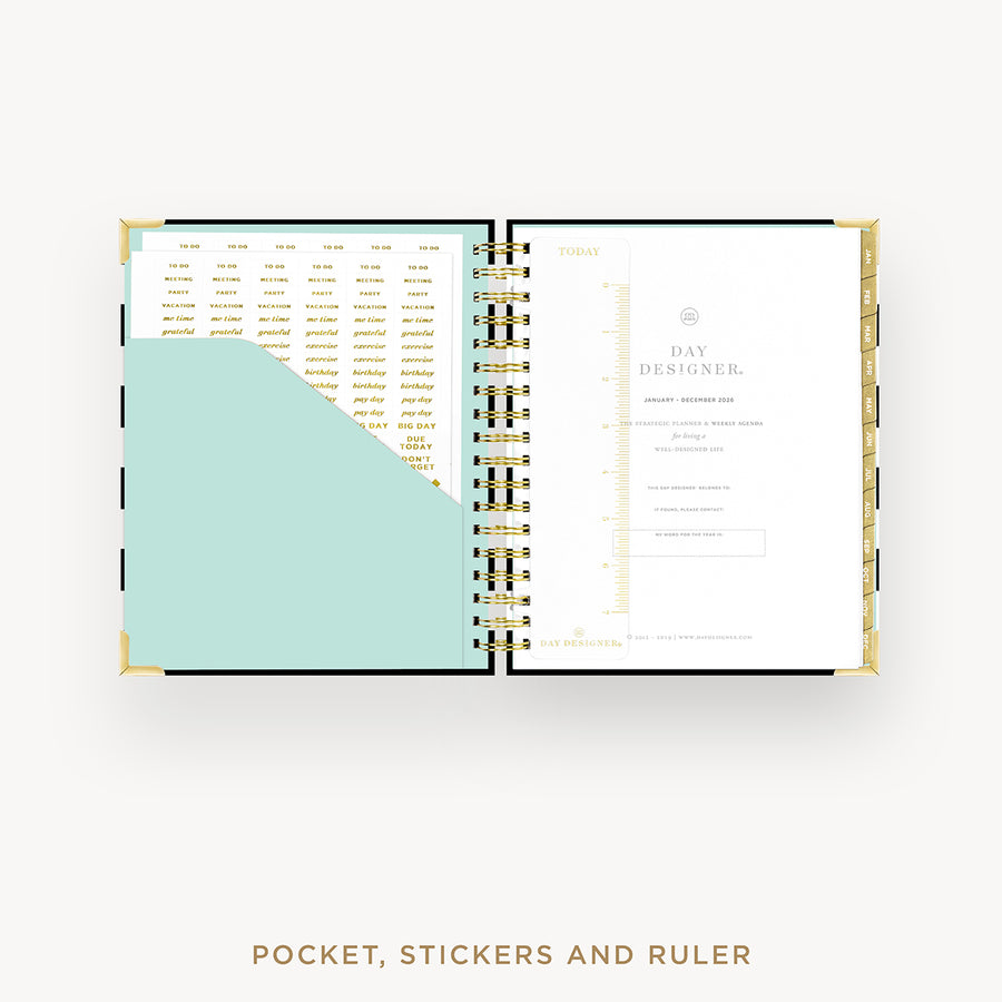 Day Designer 2026 weekly planner: black stripe cover with pocket and gold stickers