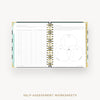 Day Designer 2026 weekly planner: black stripe cover with self assessment worksheet