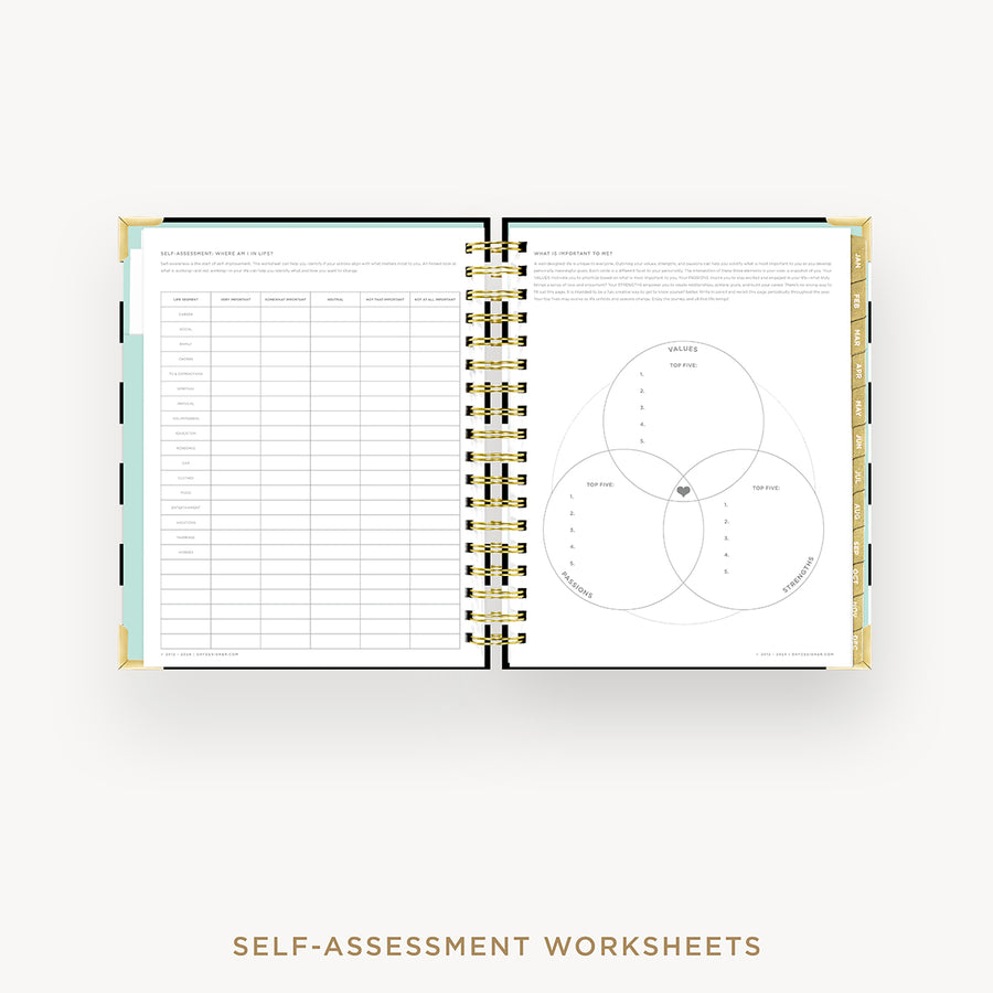 Day Designer 2026 weekly planner: black stripe cover with self assessment worksheet