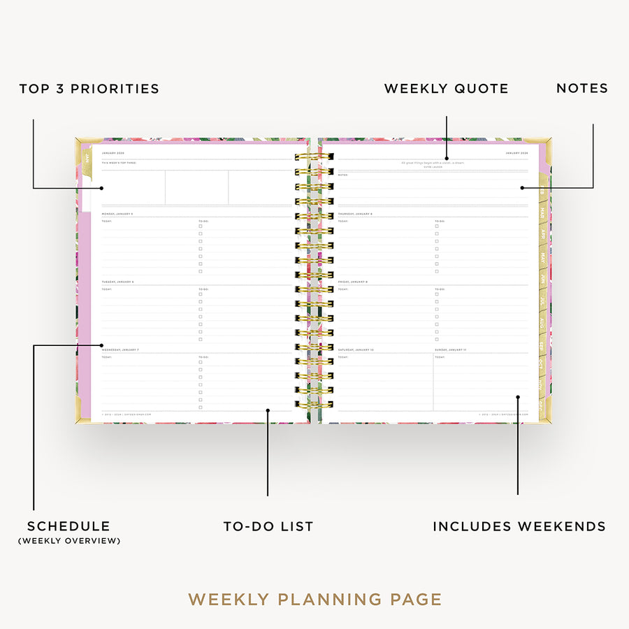 Day Designer 2026 weekly planner: ula bloom opened with captions of contents