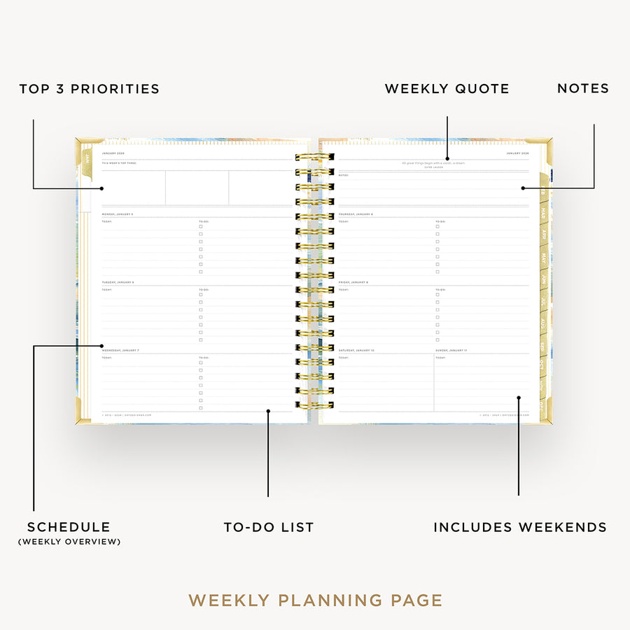 Day Designer 2026 weekly planner: sea and sky opened with captions of contents