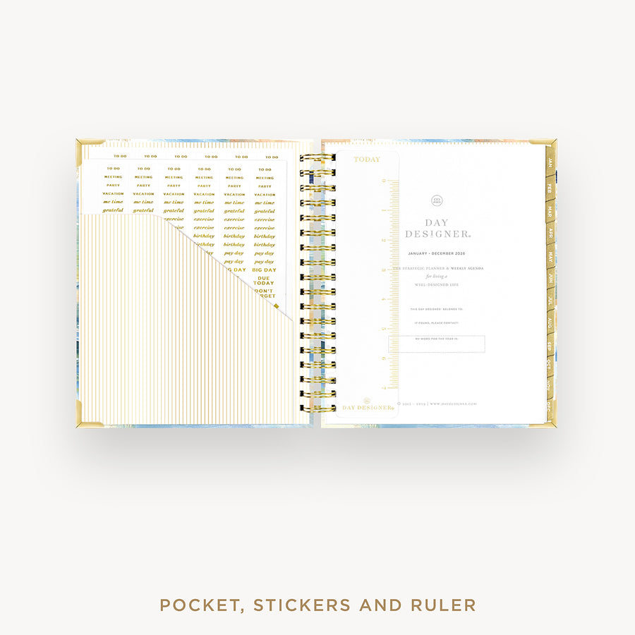 Day Designer 2026 weekly planner: sea and sky cover with pocket and gold stickers
