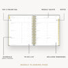 Day Designer 2026 weekly planner: charcoal bookcloth opened with captions of contents