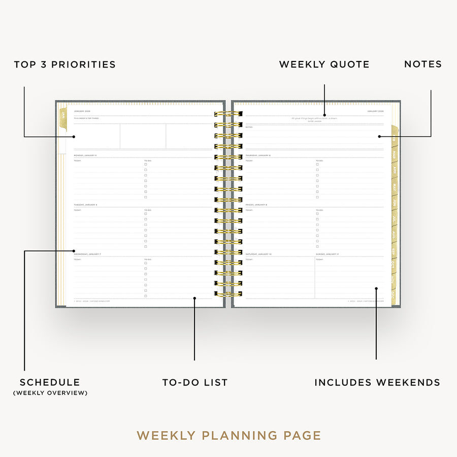 Day Designer 2026 weekly planner: charcoal bookcloth opened with captions of contents