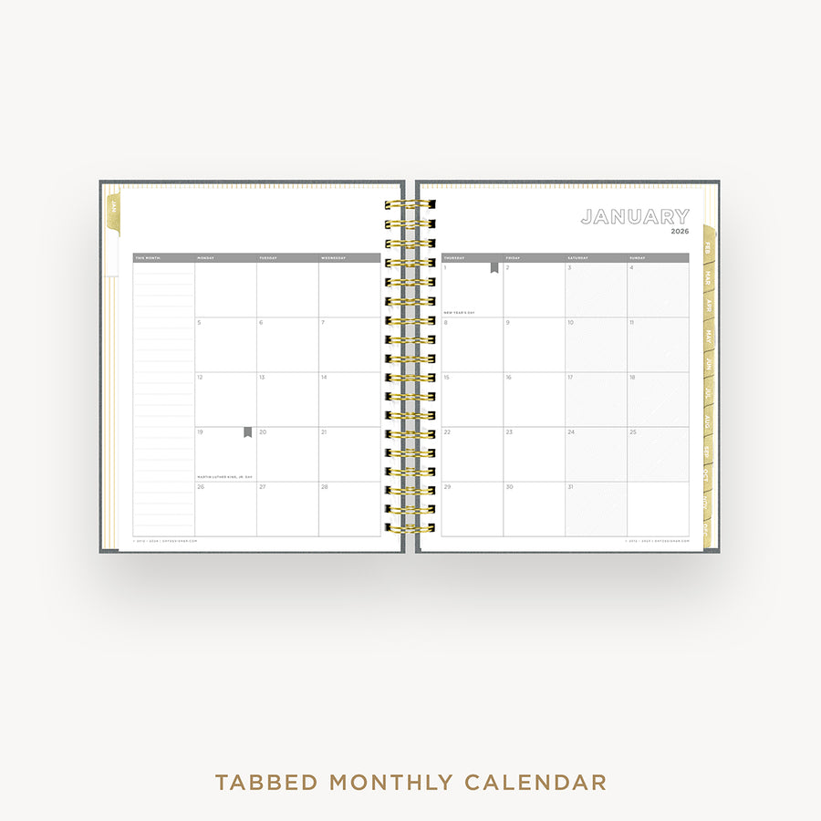 Day Designer 2026 weekly planner: charcoal bookcloth cover with monthly calendar