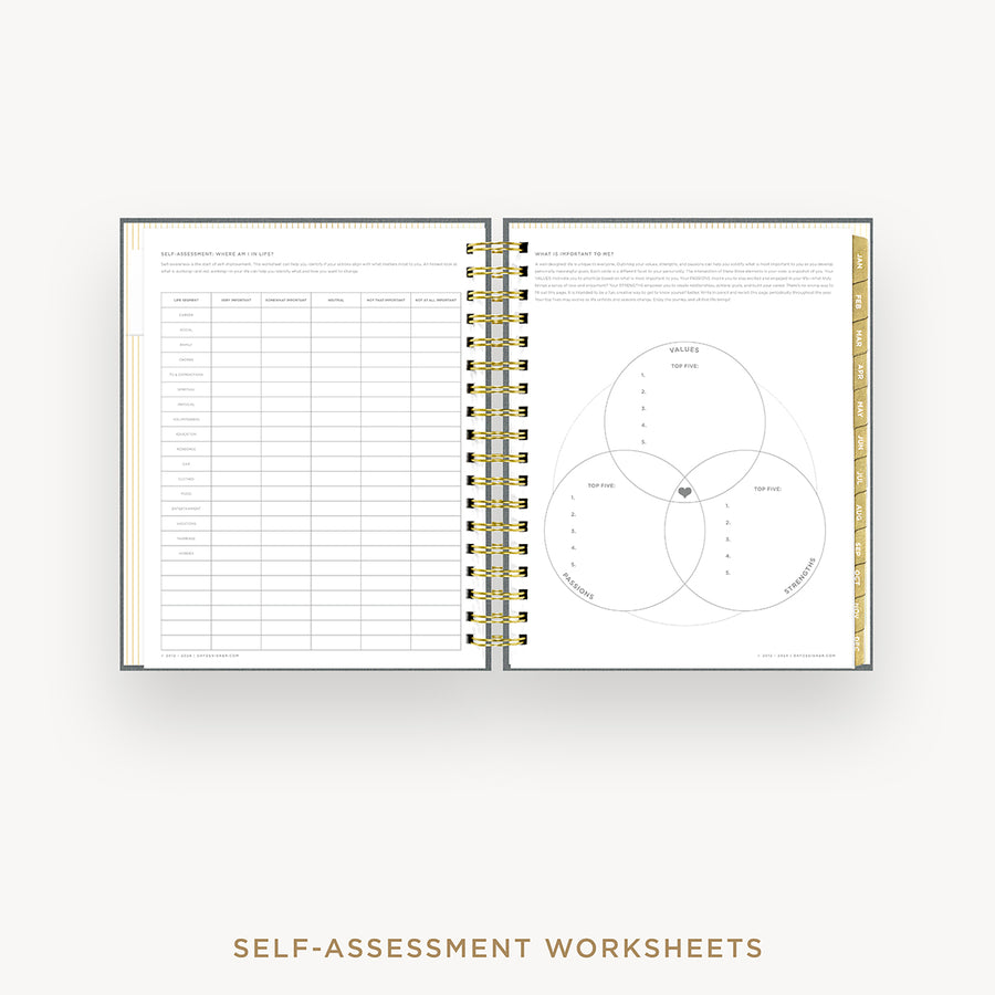 Day Designer 2026 weekly planner: charcoal bookcloth cover with self assessment worksheet