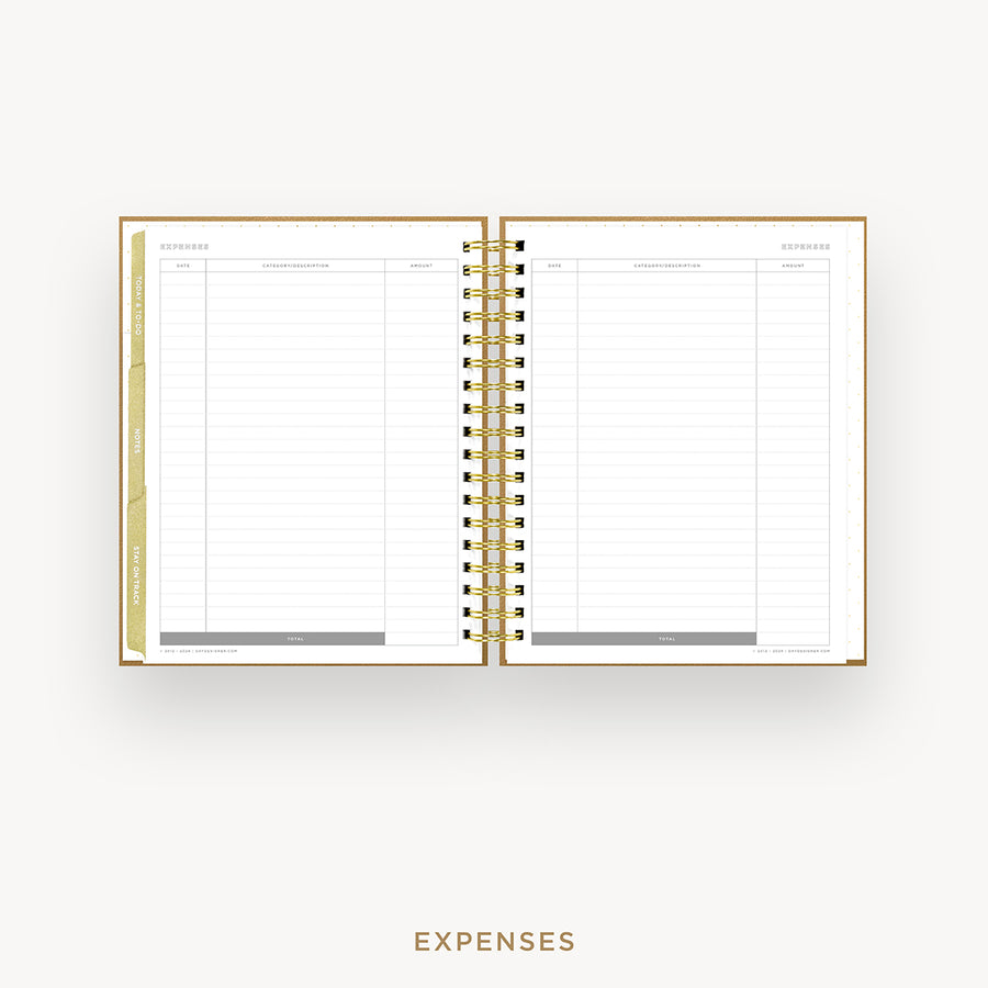 Day Designer 2026 weekly planner: caramel latte pebble texture cover with expense tracking pages